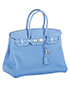 Birkin 35 Clemence Leather in Blue Paradise, angled front view